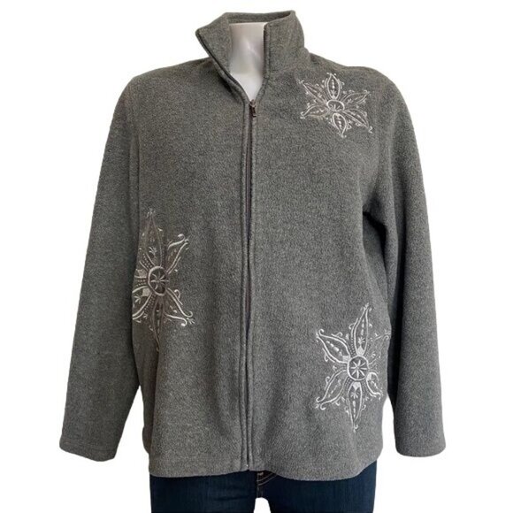 Croft & Barrow Embroidered Snowflake Grey Zip up Fleece Sweatshirt Size M - Picture 1 of 10
